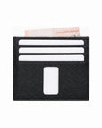Rear view of black Ed Charly Saffiano leather card holder with card slots and ID window