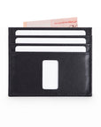 Rear of black Ed Classic calf leather slim wallet with white cards and a Singapore note