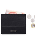 Black Saffiano leather slim wallet with coin pocket, cash and Singapore coins by ED Charly