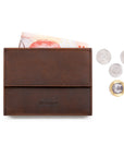 Brown Crazy Horse leather slim wallet with coin pocket, cash and Singapore coins by ED Charly