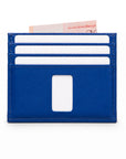 Rear of royal-blue Ed Classic smooth leather slim wallet with white cards and a Singapore note