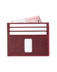 Rear view of red Ed Contemporary Crazy Horse leather card holder with card slots and ID window