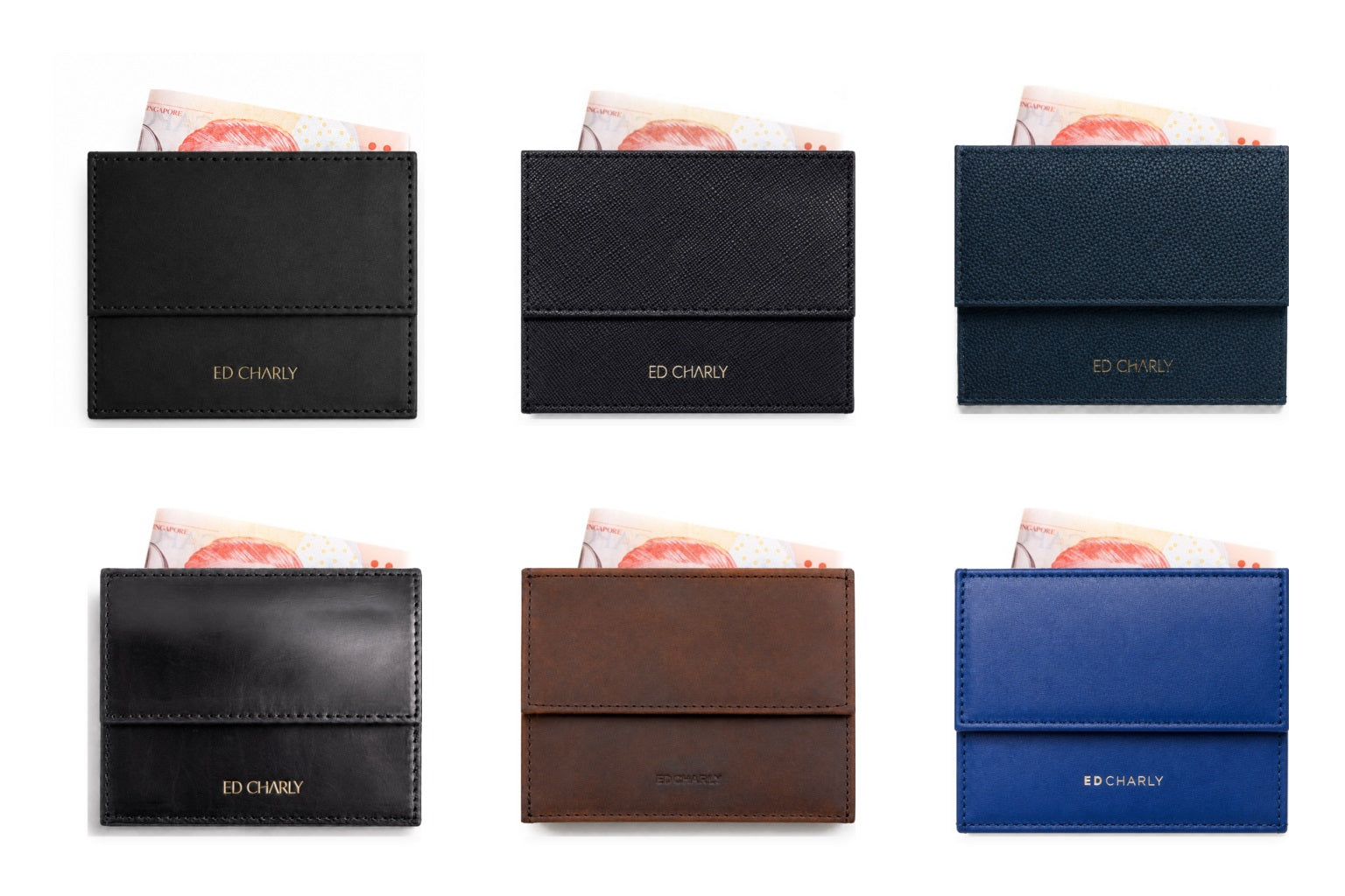 Six Ed Classic wallets showing smooth, Saffiano, pebble-grain, Crazy Horse and calf leather finishes
