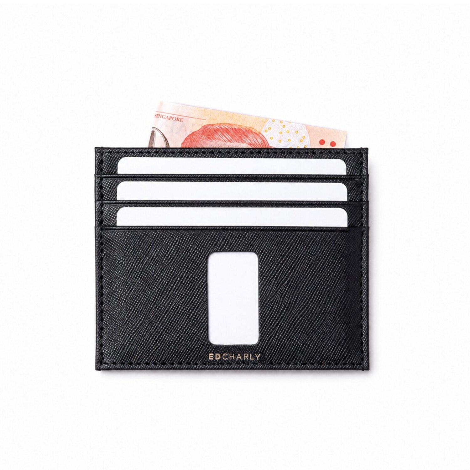 Black Ed Charly Saffiano leather card holder with white cards and Singapore banknote