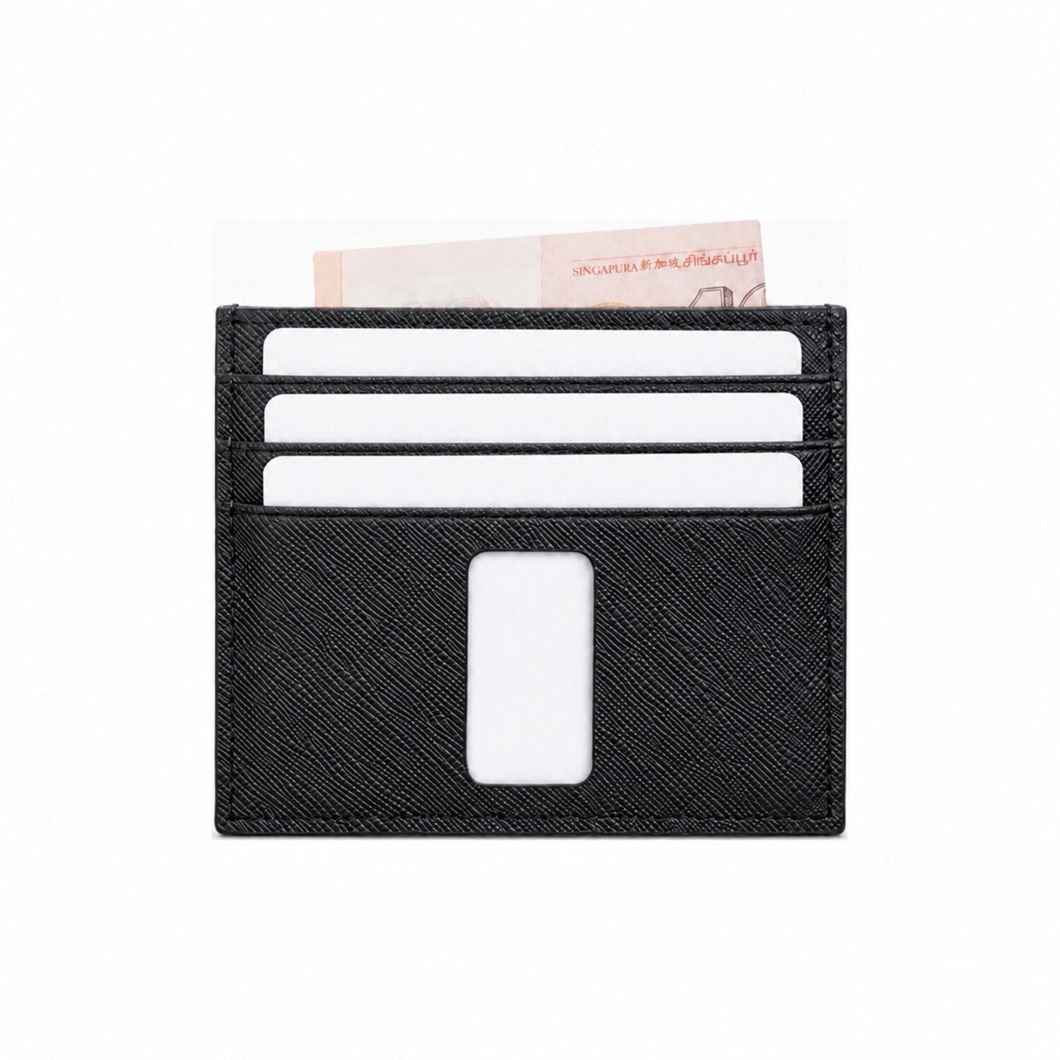 Rear view of black Ed Charly Saffiano leather card holder with card slots and ID window