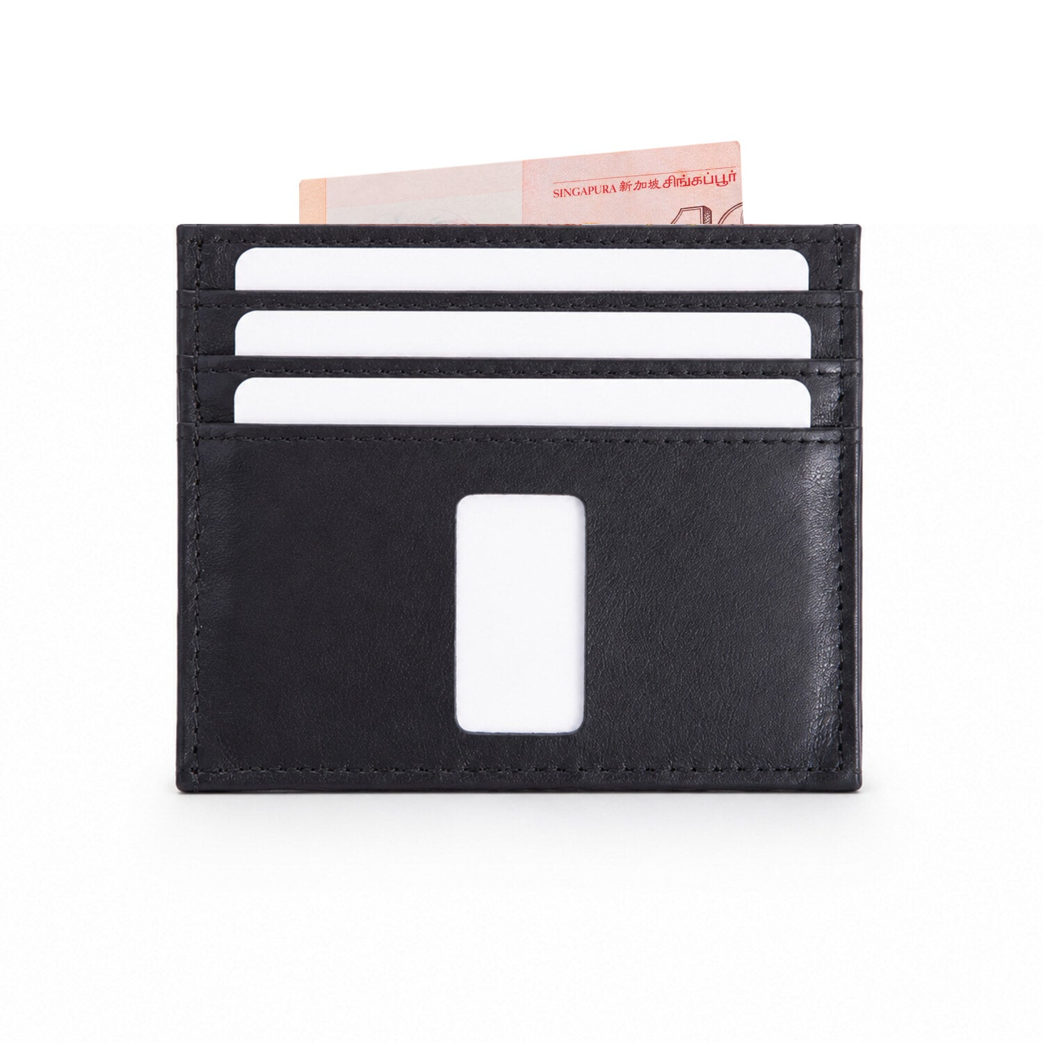 Rear of black Ed Classic calf leather slim wallet with white cards and a Singapore note