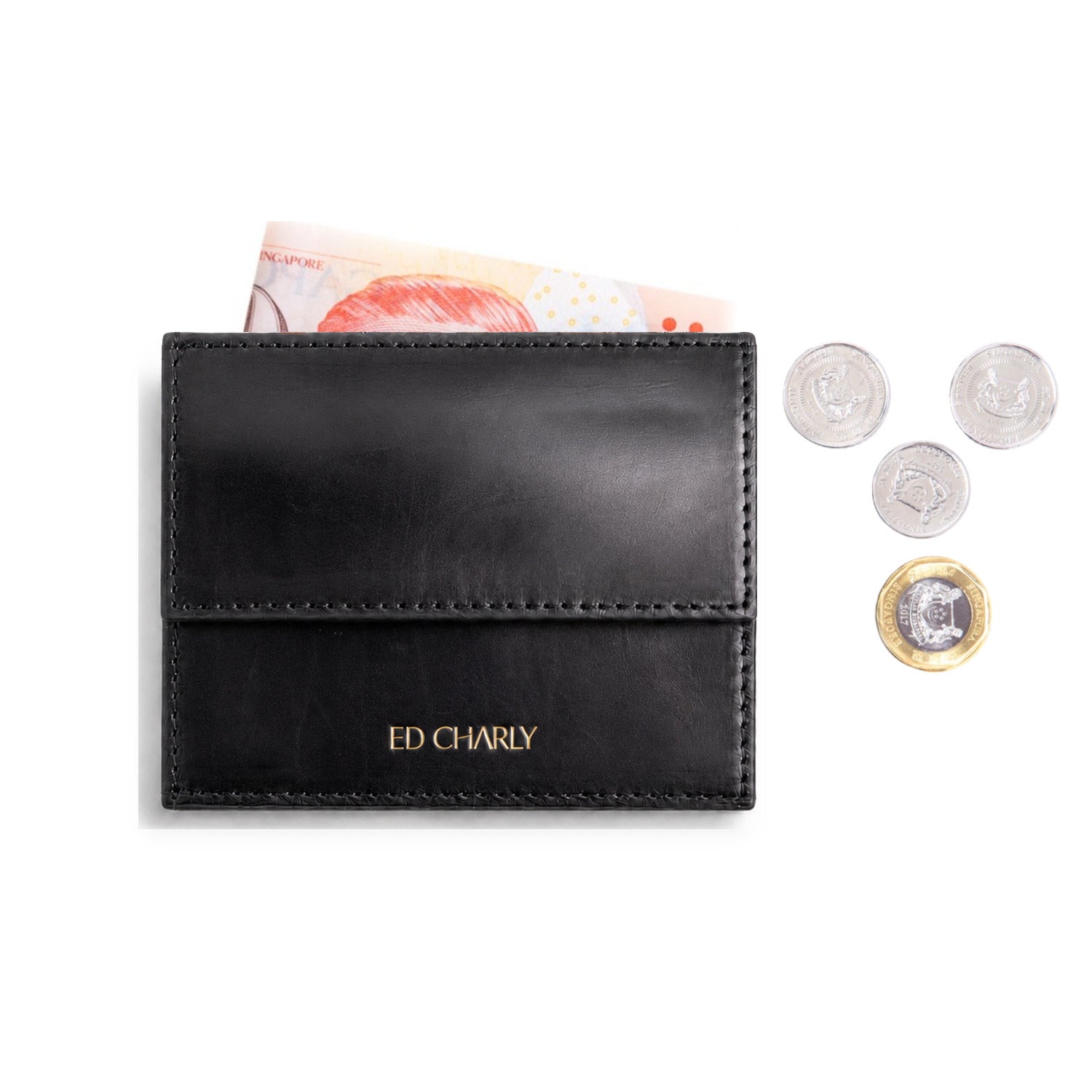 Black full-grain leather slim wallet with coin pocket, cash and Singapore coins by ED Charly