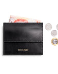 Black full-grain leather slim wallet with coin pocket, cash and Singapore coins by ED Charly