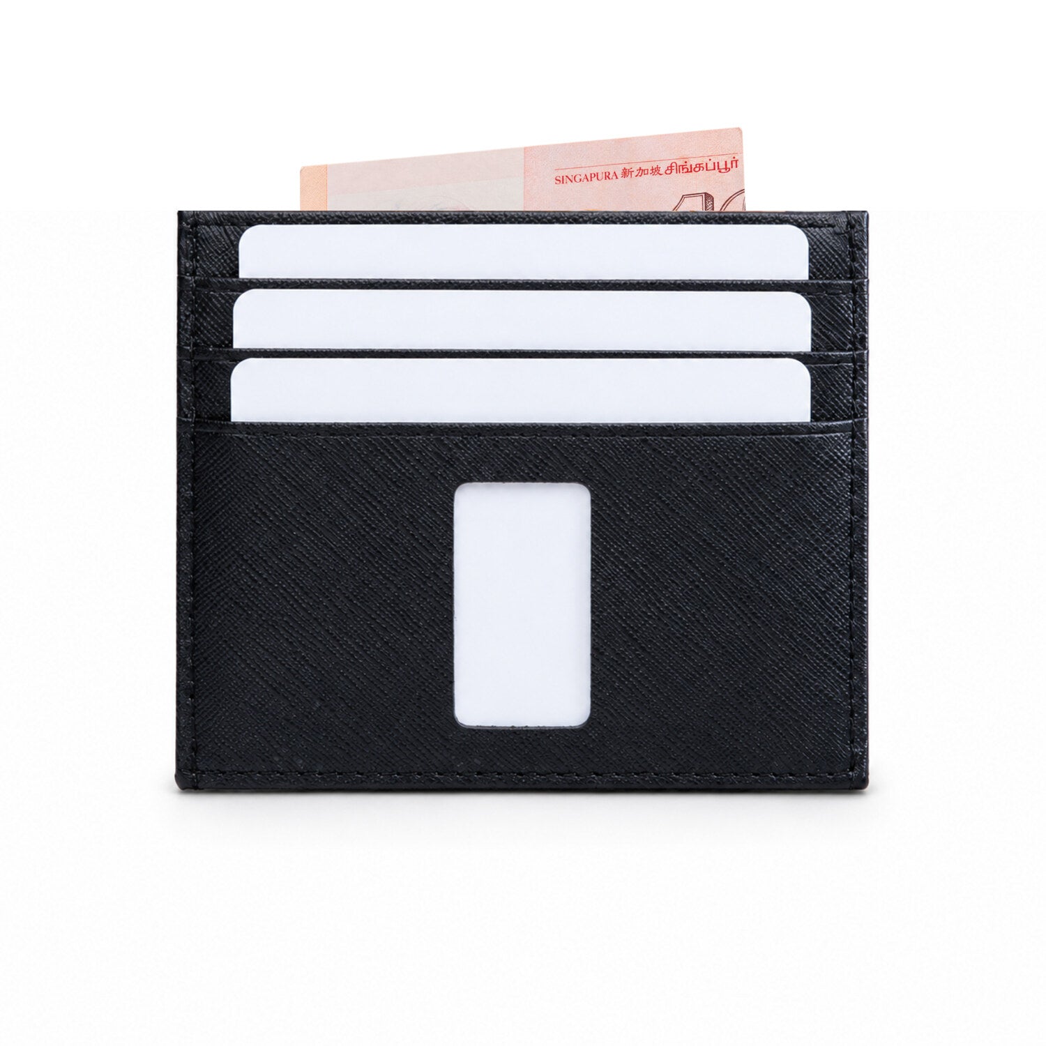Rear of black Ed Classic Saffiano leather slim wallet with white cards and a Singapore note