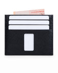 Rear of black Ed Classic Saffiano leather slim wallet with white cards and a Singapore note