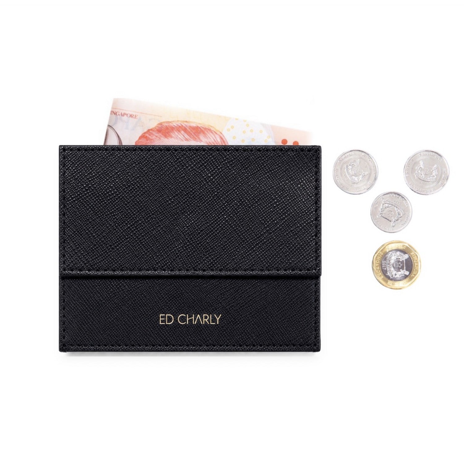 Black Saffiano leather slim wallet with coin pocket, cash and Singapore coins by ED Charly