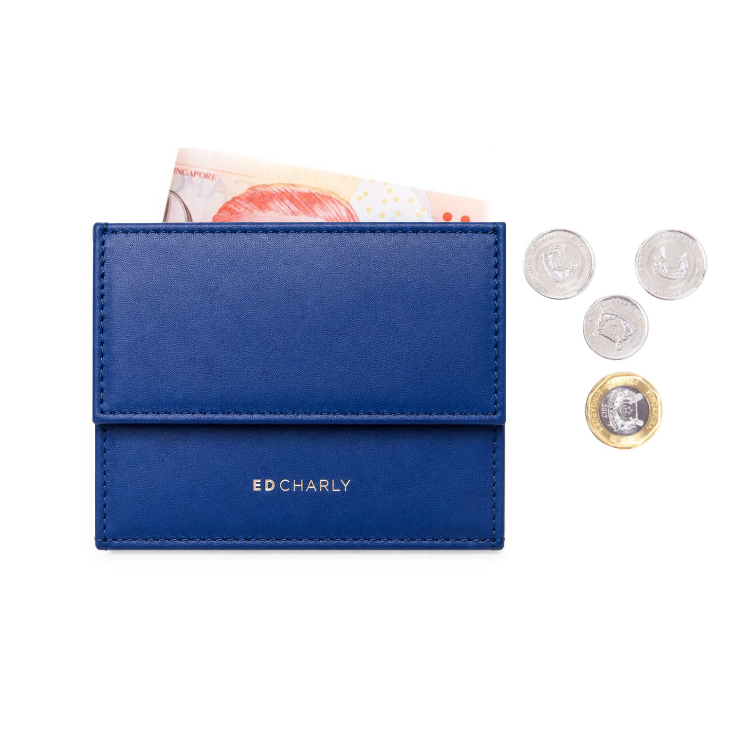 Blue smooth leather slim wallet with coin pocket, cash and Singapore coins by ED Charly