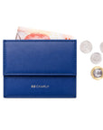 Blue smooth leather slim wallet with coin pocket, cash and Singapore coins by ED Charly