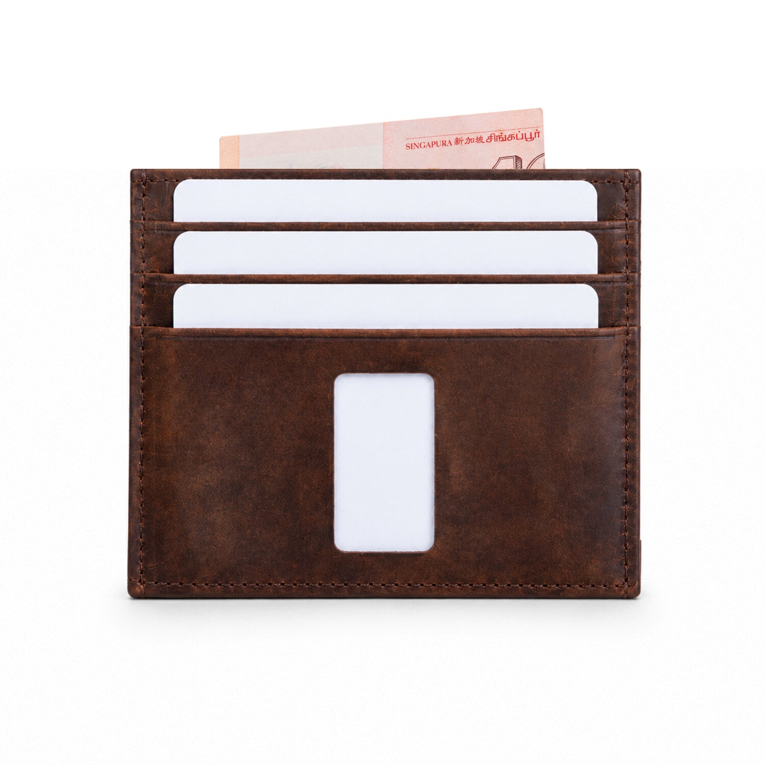 Rear of brown Ed Classic crazy horse leather slim wallet with white cards and a Singapore note