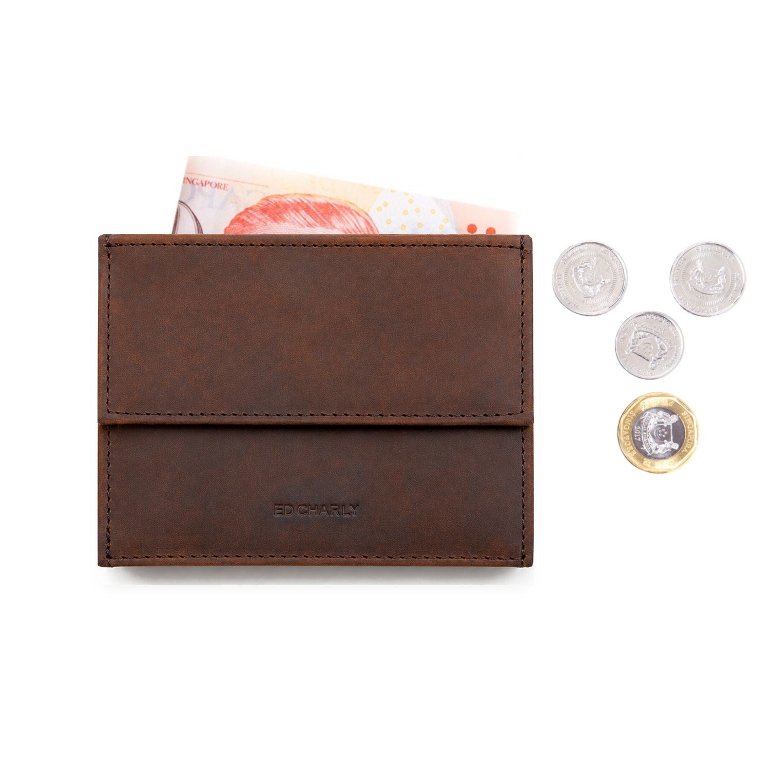 Brown Crazy Horse leather slim wallet with coin pocket, cash and Singapore coins by ED Charly