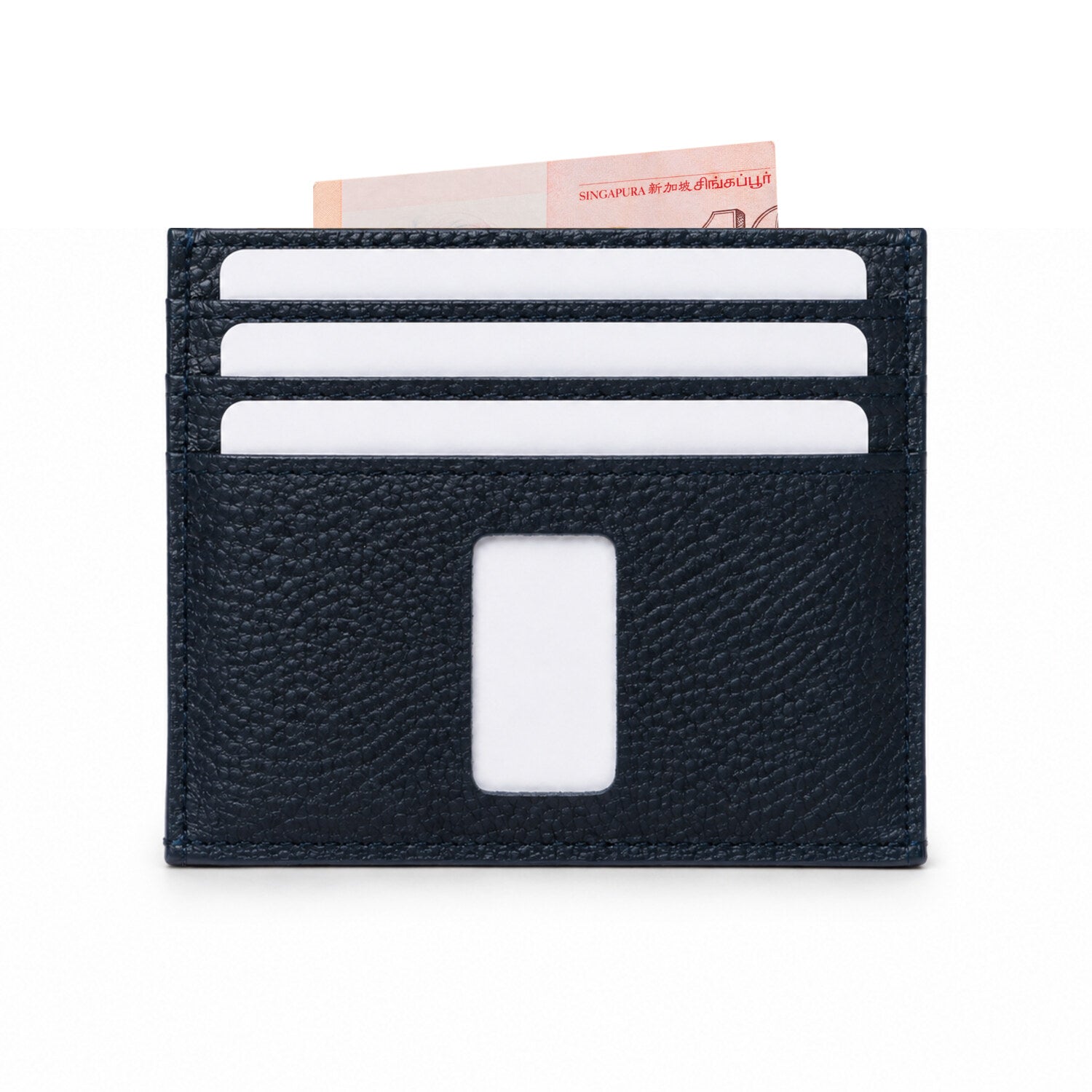 Rear of navy Ed Classic pebble-grain leather slim wallet with white cards and a Singapore note
