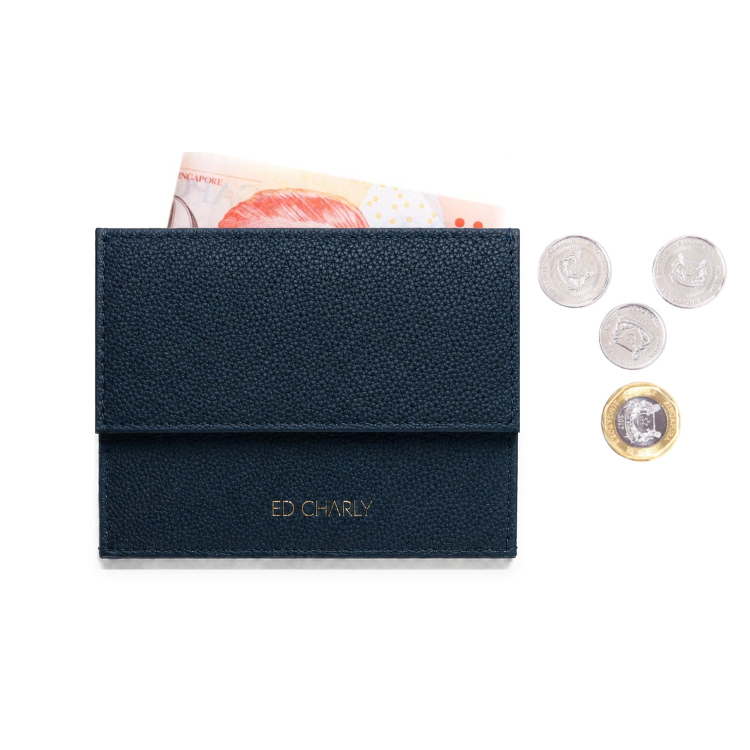 Navy pebble-grain leather slim wallet with coin pocket, cash and Singapore coins by ED Charly