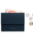 Navy pebble-grain leather slim wallet with coin pocket, cash and Singapore coins by ED Charly