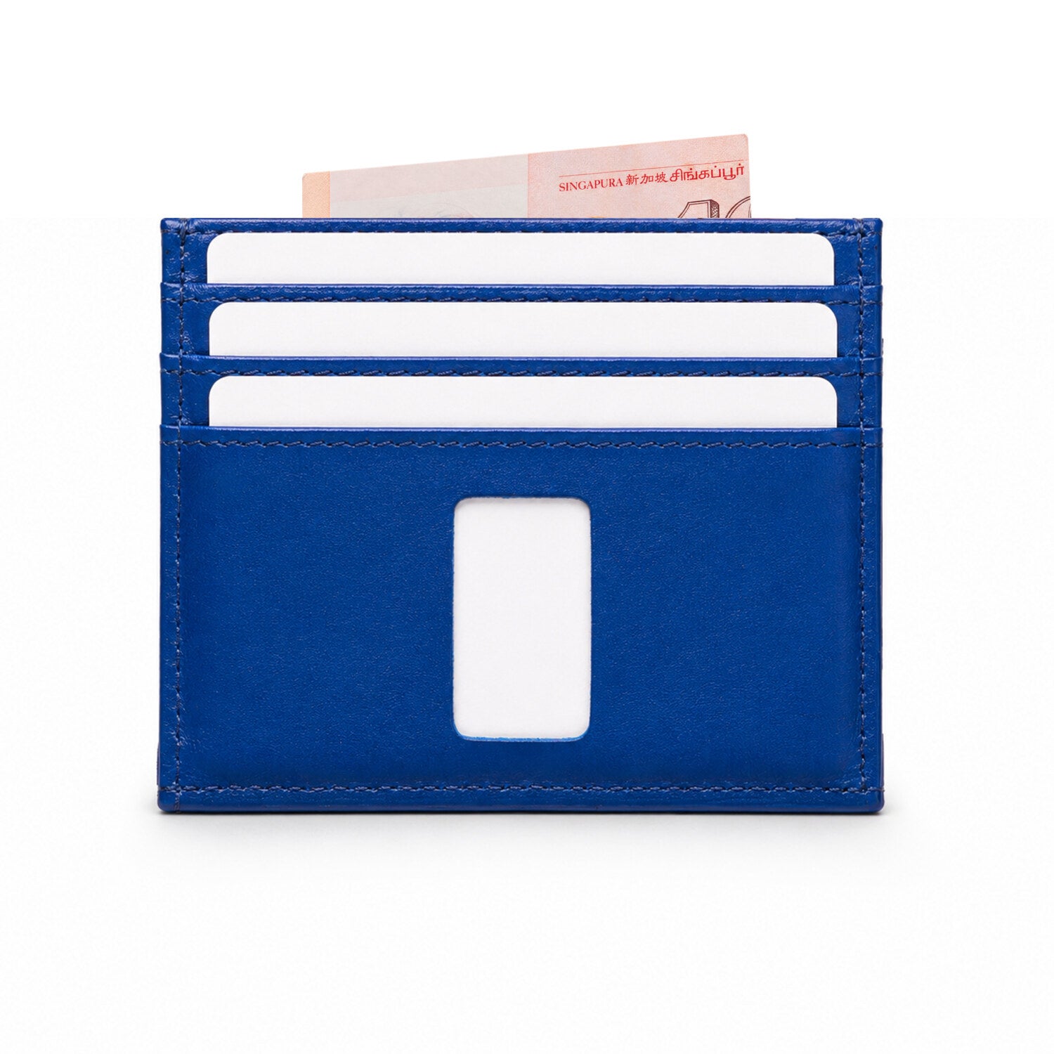 Rear of royal-blue Ed Classic smooth leather slim wallet with white cards and a Singapore note