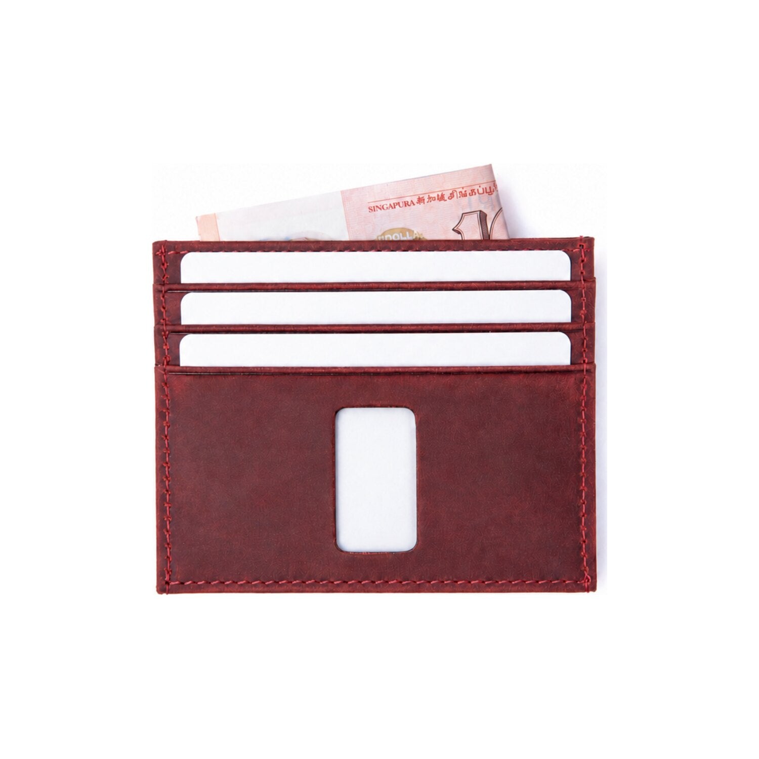Rear view of red Ed Contemporary Crazy Horse leather card holder with card slots and ID window