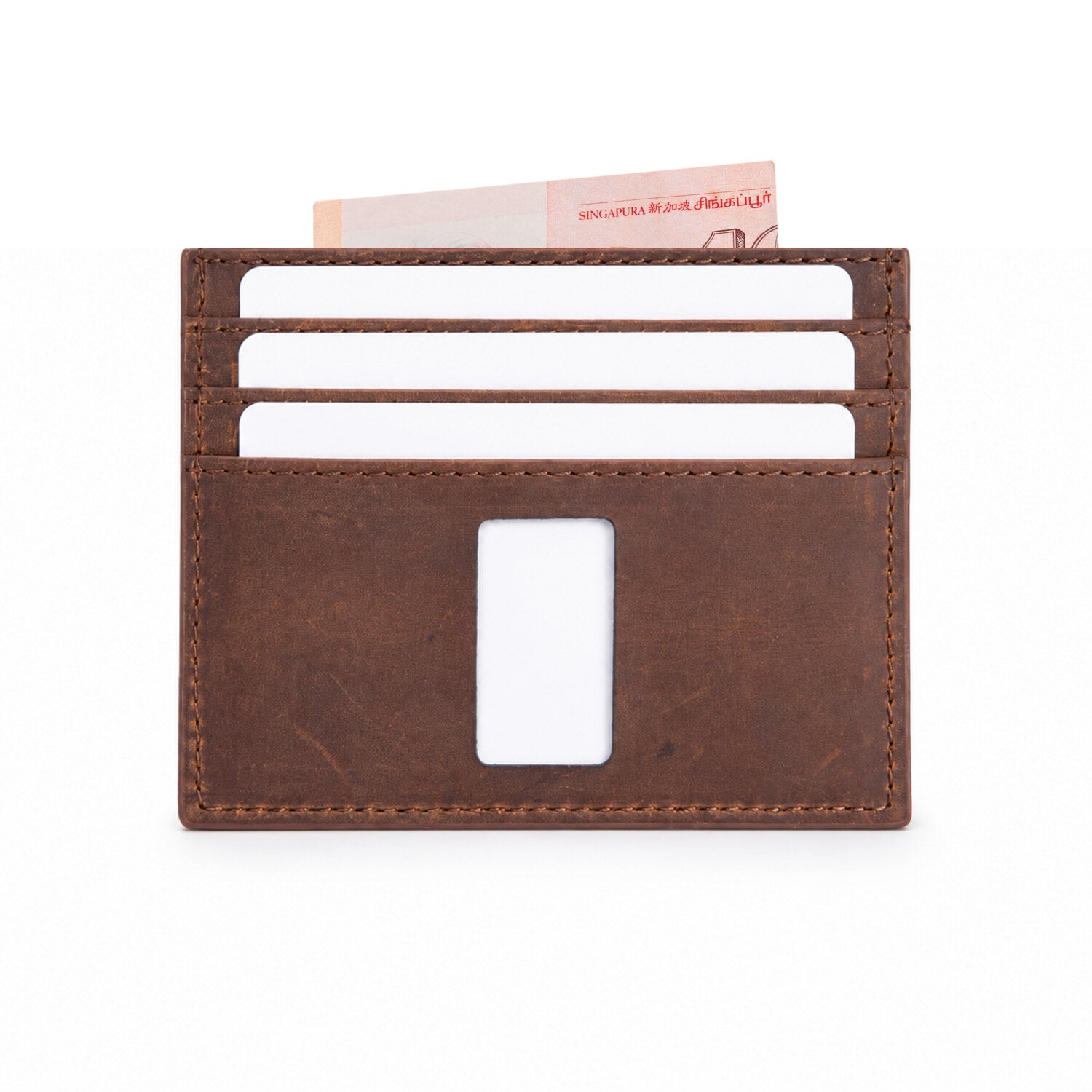 Rear of brown Ed Sleek 2 crazy horse leather minimalist wallet with white cards and a Singapore note