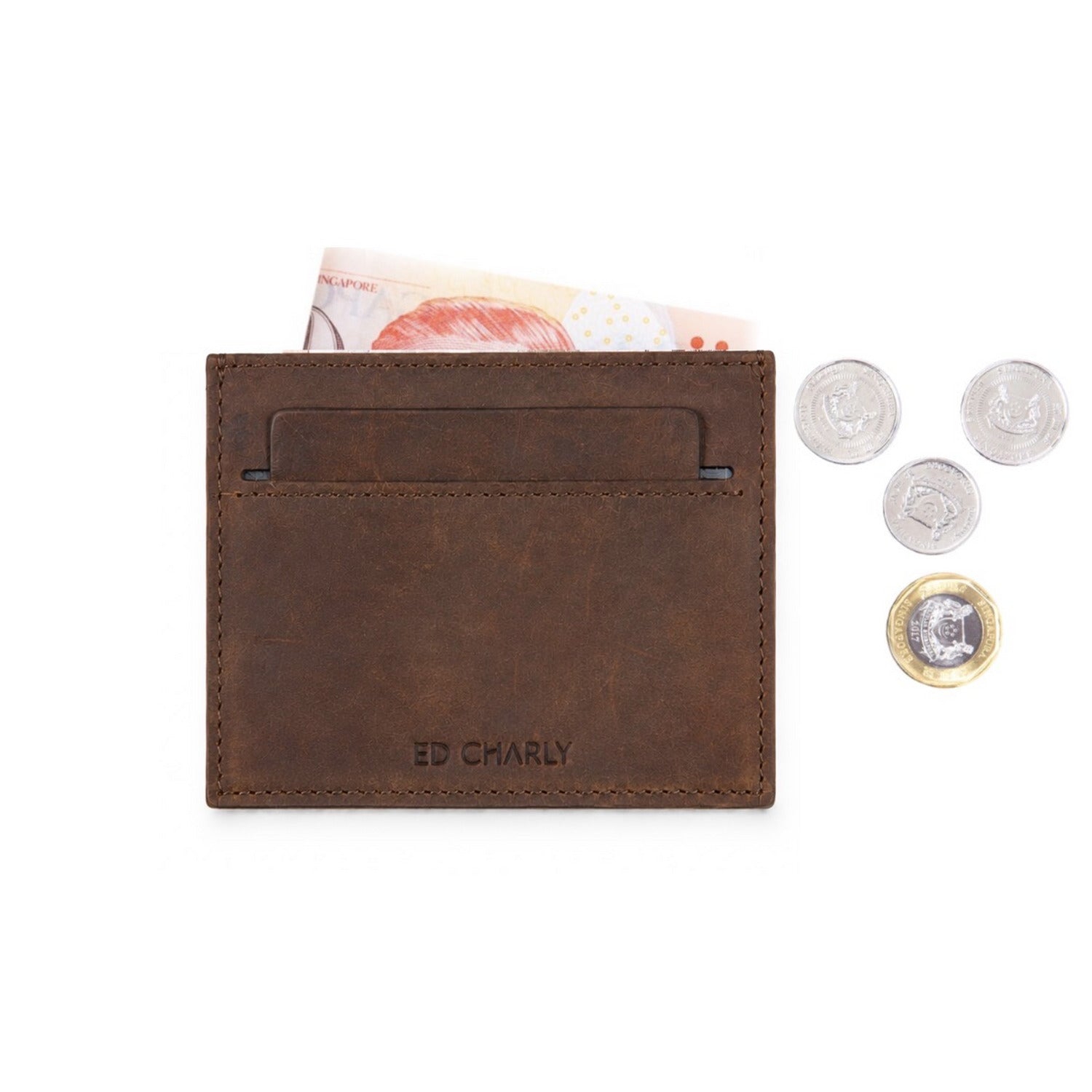 Brown Crazy Horse leather ED Sleek minimalist wallet with cash and Singapore coins