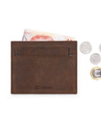 Brown Crazy Horse leather ED Sleek minimalist wallet with cash and Singapore coins