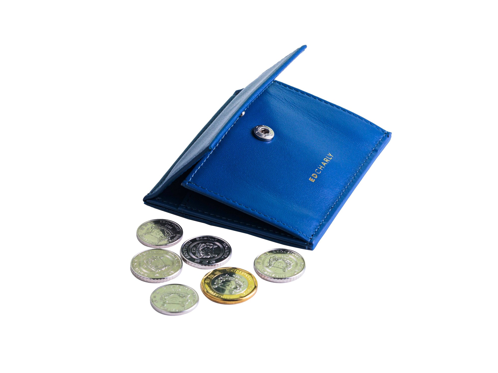 Close-up of the full grain leather wallet blue and Ed Charly logo.